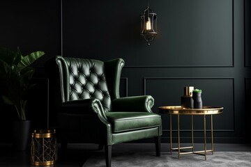 Luxurious, contemporary living room features a black empty wall and a green armchair. Generative AI