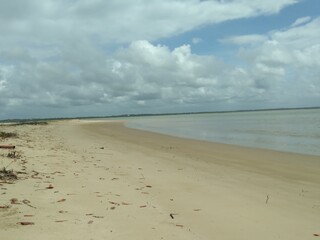 Deserted sandy beach in front of a river