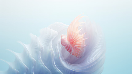 Creative minimal style concept of underwater life. Light pastel colors. Unusual inhabitants of the sea or ocean, macro closeup wallpaper with seashell, copy space.