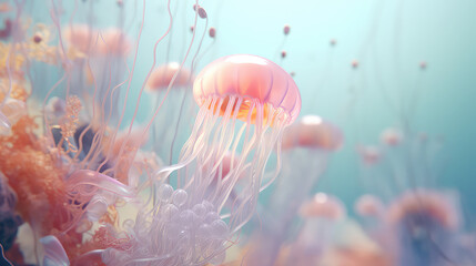Creative minimal style concept of underwater life. Light pastel colors. Unusual inhabitants of the sea or ocean, macro closeup wallpaper with jellyfish, copy space.