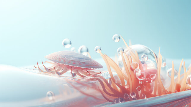 Creative minimal style concept of underwater life. Light pastel colors. Unusual inhabitants of the sea or ocean, macro closeup wallpaper with crub, copy space.