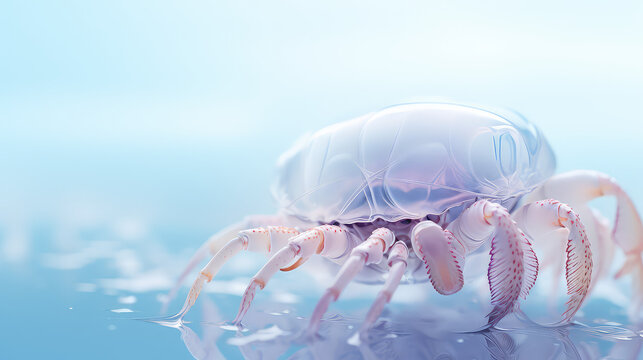 Creative minimal style concept of underwater life. Light pastel colors. Unusual inhabitants of the sea or ocean, macro closeup wallpaper with crub, copy space.