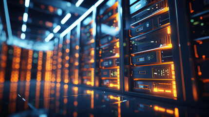 Empty modern server room with large servers, wires and buttons. Data storage, cloud storage, mining farm.