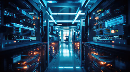 Empty modern server room with large servers, wires and buttons. Data storage, cloud storage, mining farm.