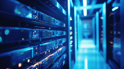 Empty modern server room with large servers, wires and buttons. Data storage, cloud storage, mining farm.