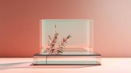 Glass pedestal with pastel pink background and embedded leafy branch