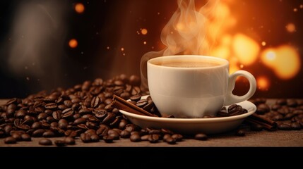 Coffee beans and white steaming cup of coffee on blurred flame light backdrop for coffeshop or cafe display showcase background