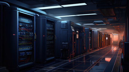 Empty modern server room with large servers, wires and buttons. Data storage, cloud storage, mining farm.