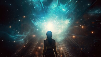 Girl from behind having blue starry astral experience - obrazy, fototapety, plakaty