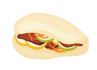 Gua bao. Vector  illustration. isolated on a white background. Chinese food. Homemade organic Pulled Beef Bao Buns. 
