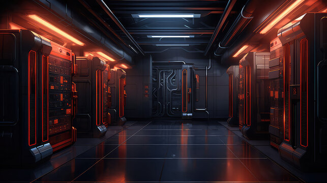 Empty modern server room with large servers, wires and buttons. Data storage, cloud storage, mining farm.