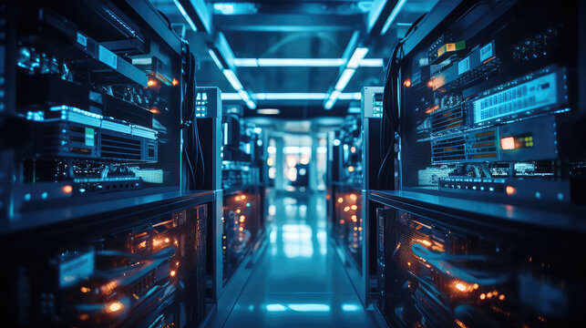 Empty modern server room with large servers, wires and buttons. Data storage, cloud storage, mining farm.