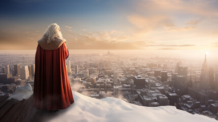 Santa Claus standing at Christmas sunrise and looking on city. AI Generative
