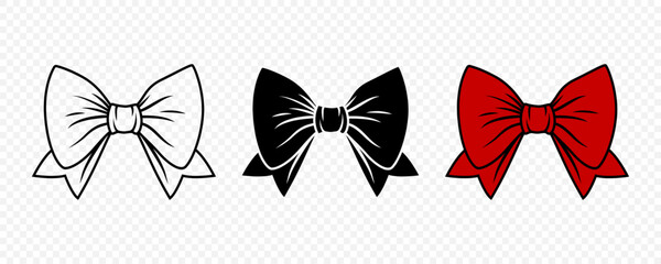 Vector Cartoon Bow Tie or Gift Bow, Cut Out and with Outline Icon Set Isolated. Bow Design Template