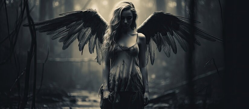 Black and white photo of a blurry angel at an old cemetery With copyspace for text