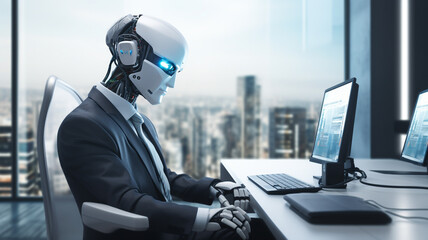 AI robot working in futuristic technology, android or cyber humanoid. Artificial Intelligence cyborg robot in 3D, 
