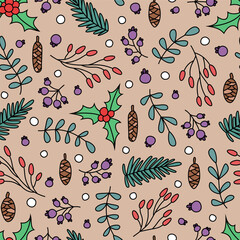 Vector seamless pattern with branches and berries. Cute design for Christmas wrappings, textile, wallpaper and backgrounds.