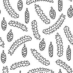Vector seamless pattern with spruce branches and cones. Cute Christmas design for wrapping paper, textile, wallpaper and backgrounds.