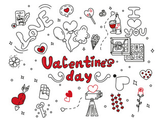 Love doodle elements valentine day collection. 
Vector valentine's day background in doodle style. 
heart shaped balloon, rings, speech bubble, candy, love gift on white background