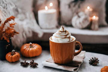 Obraz na płótnie Canvas halloween still life with latte, decorations and pumpkins , holiday background