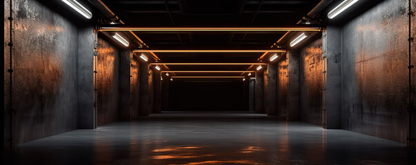 Futuristic studio stage dark room. Underground warehouse garage. Neon led laser glowing orange on concrete tiled floor	
 - Powered by Adobe