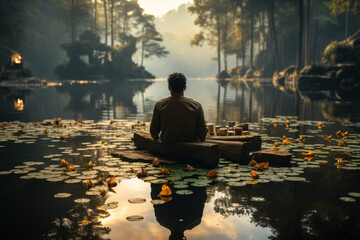 A person viewing their reflection in a calm lake, contemplating self-awareness and introspection. Concept of inner reality. Generative Ai.