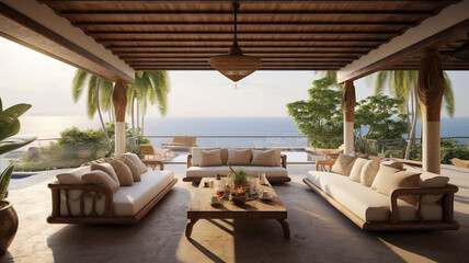 Obraz premium Luxury patio outdoor lounge in backyard terrace of villa, real estate and architecture inspiration