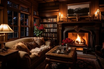 a cozy and welcoming lounge with a fire and comfortable furnishings. Generative AI - obrazy, fototapety, plakaty