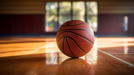 A pristine basketball, sitting in the center of a polished wooden floor, ready for a game