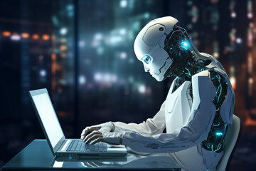 Robot working on laptop
