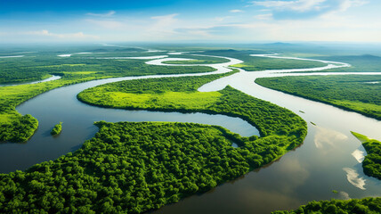 Aerial drone landscape view of a river delta with lush green vegetation and winding waterways - obrazy, fototapety, plakaty