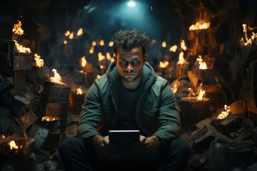 A man seeking help for digital detox to break free from constant social media use, aiming to regain mental clarity. Concept of digital detox. Generative Ai.