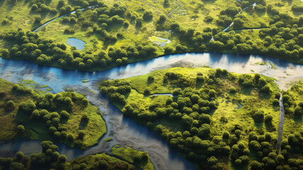 Aerial drone landscape view of a river delta with lush green vegetation and winding waterways