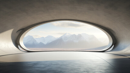 Fototapeta premium Empty concrete room with large curve structure on nature background, architecture for business product or car presentation 