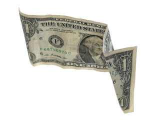 One dollar flying isolated on white, clipping