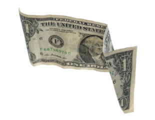 One dollar flying isolated on white, clipping