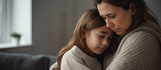 Fototapeta premium Caring mom comforting upset teen girl sharing emotions at home With copyspace for text