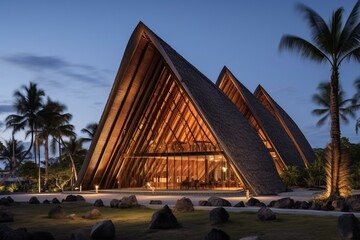 Cultural center with ribbed steel structures inspired by traditional Kanak huts in Noumea, New Caledonia. Generative AI