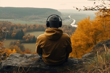 Backview of a man sitting on the hill in the autumn mountains. Meditation, tranqulility, relaxation, mental health concept