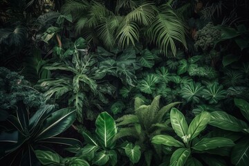 Pattern of lush foliage in a tropical jungle. Generative AI