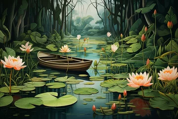 Foto op Canvas A depiction of aquatic flora in a pond featuring lily pads, water lilies, and a distant boat. Generative AI © William