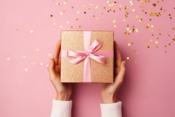 Top view of woman hands holding gift box wrapped and decorated with satin ribbon with copy space