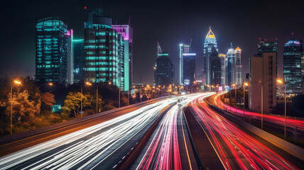 Fototapeta na wymiar City road light, night megapolis highway lights of cityscape background. Panorama of megacity traffic with highway road motion lights trails, long exposure photography