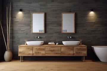 Fototapeta na wymiar Contemporary wooden bathroom with twin washbasins and mirror. Vacant wall. Generative AI