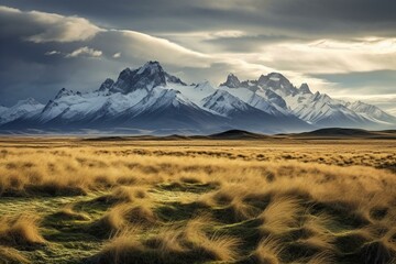 Grasslands and snow-capped peaks in Patagonian steppe. Generative AI - obrazy, fototapety, plakaty