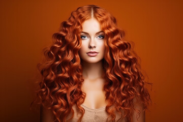 Fototapeta premium Redhead girl with long and shiny wavy red hair. Beautiful model with curly hairstyle