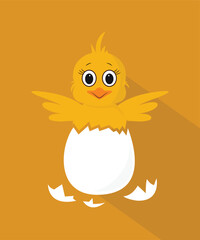 Chicken hatching stages. Newborn little cute chick, small baby bird emergence from egg, cracked shell in laying hens nest. Easter chicks concept. Funny domestic animal vector cartoon isolated concept
