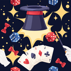 Seamless pattern Dark magic hat with playing dice vector illustration on dark background