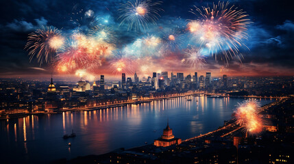Fototapeta na wymiar Cityscape illuminated by spectacular fireworks display at night