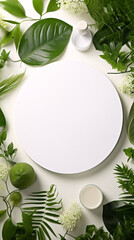 Nature Cradles Elegance  White Round Podium Mockup Amidst Verdant Eco-Forest Leaves, Tailored for Natural Organic Cosmetic Presentation